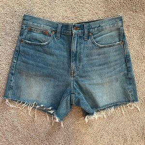 Madewell Light Blue Frayed Jean Shorts, size 29, relaxed mid-length